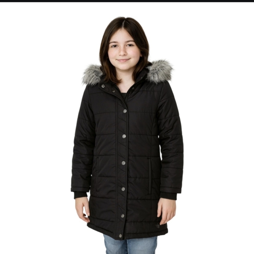 Justice Black Puffer Coat with Faux Fur Hood